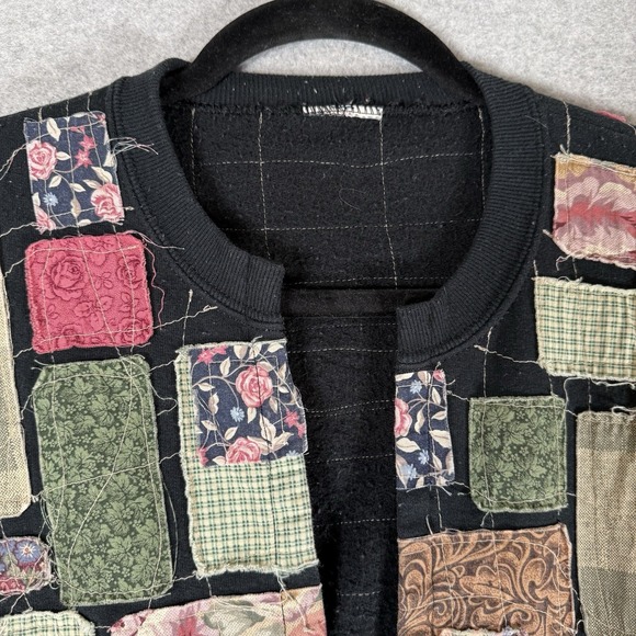 Vintage Patchwork Jacket Womens Medium Black Floral Open Handmade - Picture 4 of 10
